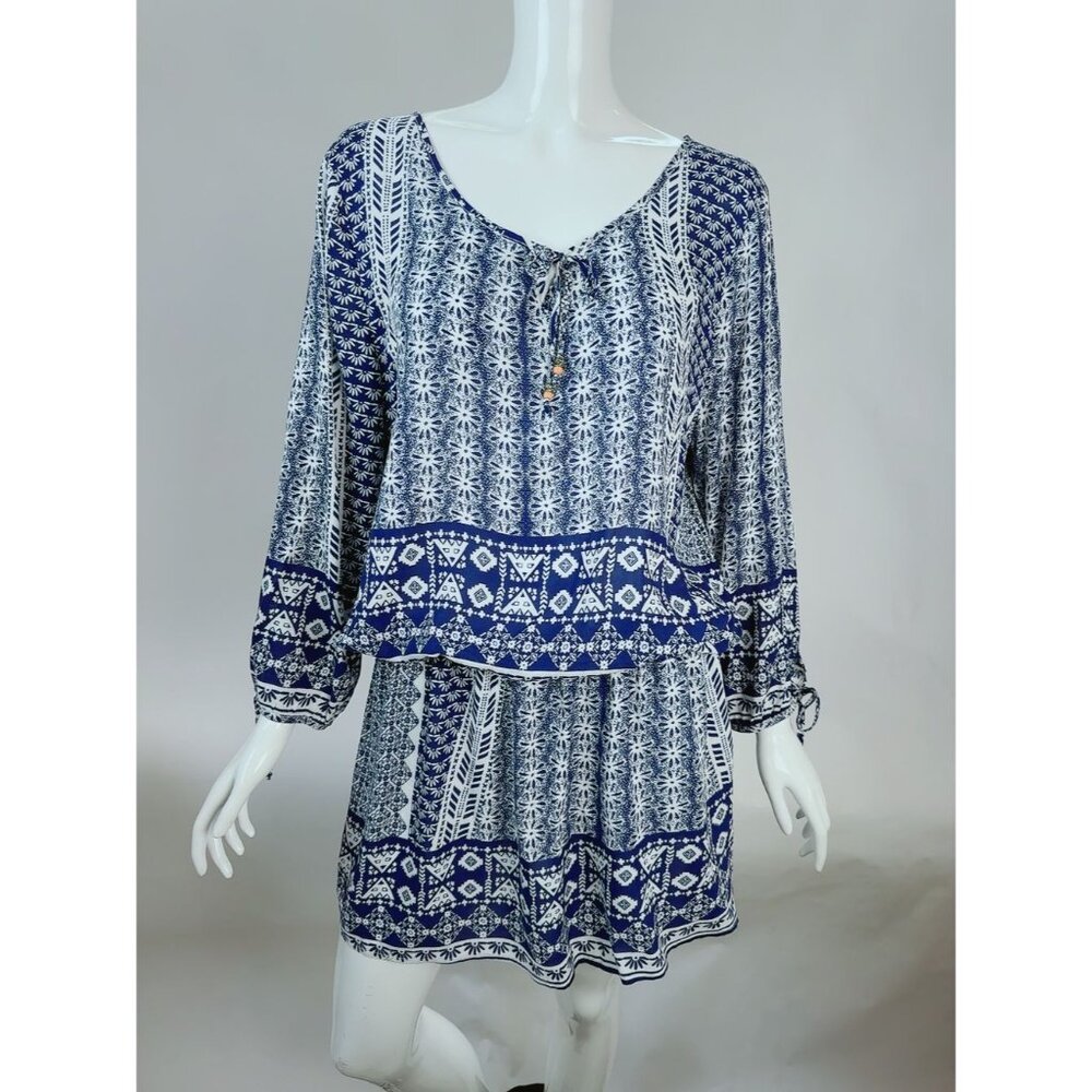Green Dragon Blue & White Boho Print Rayon Long Sleeve Dress Large Made USA